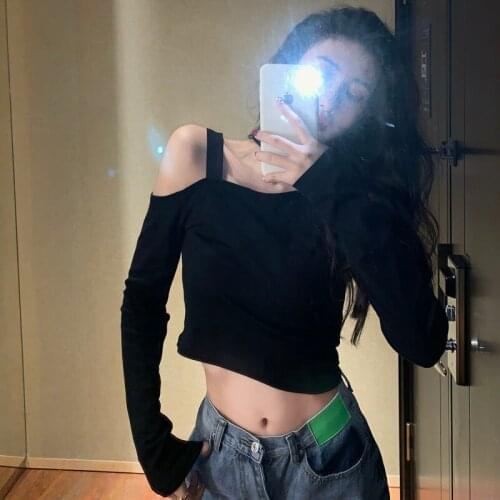 Long Sleeved Black T-shirts Womens Tops And Blouses Irregular Hollow Off Shoulder New Sexy Hanging Neck Slim Women Clothing