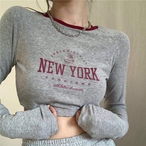 Funny New York Crop Top T Shirt Women Long Sleeve Tops Summer Slim Sexy Short T-shirt Girls Streetwear Hip Hop T-shirt
