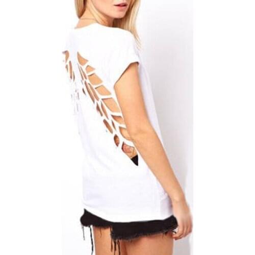 Women Backless T-shirt Plus Size Angel Wings Ladies White Black Short Tops Tees Summer O-necked Cotton Polyester T Shirt S-3XL