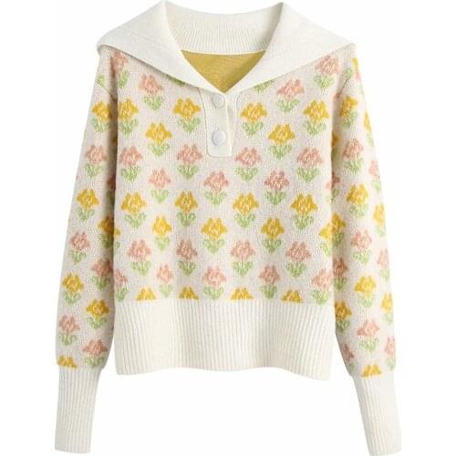 Female Pullovers Chic Tops Women Fashion Ribbed Trim Loose Knitted Button Decoration Printing Sweaters Vintage Long Sleeve