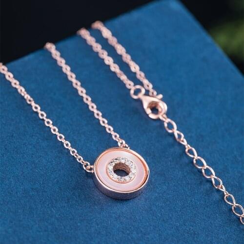 925 Sterling Silver Simple Hollow Out Round Pendant And Necklace Womens Inlaid Shell Temperament Fashionable Geometric Jewelry