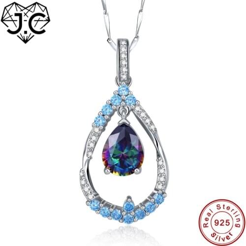 J.C Wedding Jewelry Necklace for Women/Lady Water Droped Rainbow Topaz Solid 925 Sterling Silver Pendants Fine Jewelry