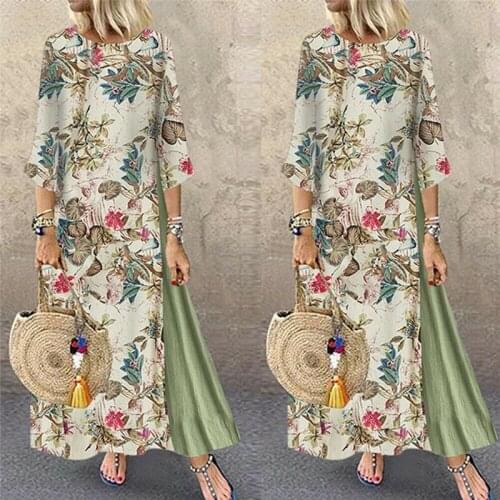 Harajuku Women Maxi Beach Dress 2021 Autumn Half Sleeve Casual Boho Kaftan Tunic Gypsy Ethnic Style Floral Print Plus Size Dress