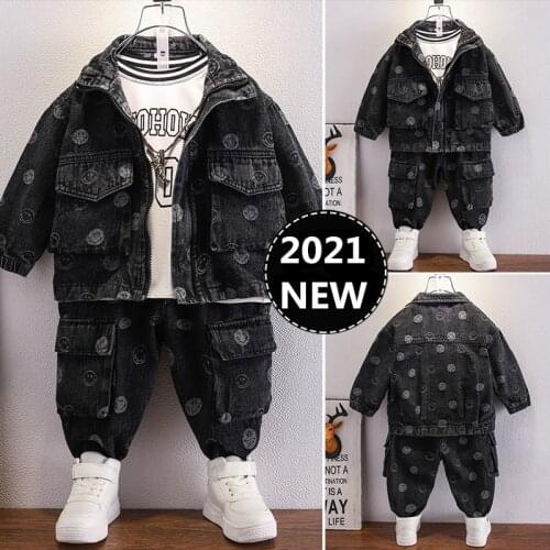 Autumn Winter Kids Baby Boys Clothes Soft Denim Jackets Coats Pants Jeans 2Pcs Sets Cartoon Smile Print Outfits Toddlers Costume