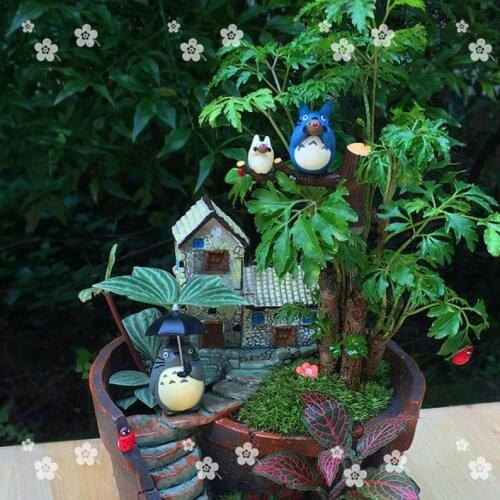 2pcs Miniature Totoros Sit on Branch Blowing Xun , Tiny Totoro with Umbrella , Fairy Garden Supplies Terrarium Accessories