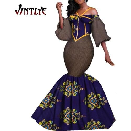 African Dresses for Women Bazin Riche Traditional Wax Floral Print Long Mermaid Sexy Dress African Clothing Dashiki Party Wear