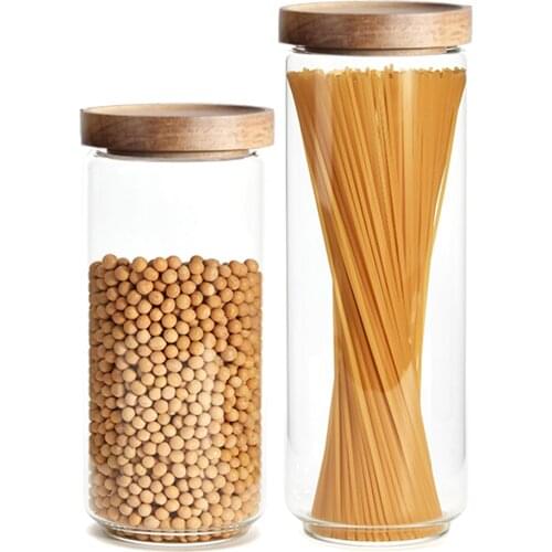 750 1000 1700ml High Borosilicate Glass Airtight Wood Lid Canister Glass Pasta Rice Tea Food Storage Jar Pasta Rice Food Bottle