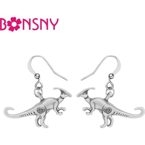 BONSNY Metal Antique Gold Plated Cute Parasaurolophus Dinosaur Earrings Drop Dangle Jewelry For Women Girls Novelty Party Gifts