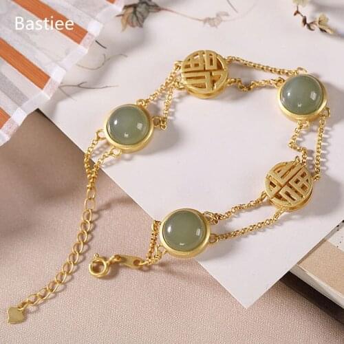 Bastiee 925 Sterling Silver Bracelet For Women jewelry Golden Plated Jade Charms Hmong Luxury Bracelets femme Fu Letter
