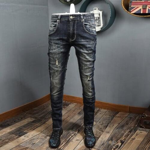 Autumn Newly Fashion Vintage Men Jeans High Quality Retro Black Blue Ripped Denim Trousers Streetwear Hip Hop Biker Pants Homme