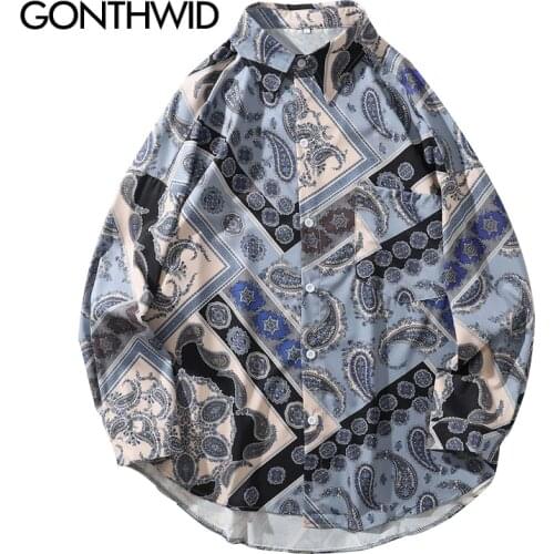 GONTHWID Cashew Flowers Print Long Sleeve Dress Shirts Streetwear Hip Hop Harajuku Casual Button Down Shirt Fashion Hipster Tops