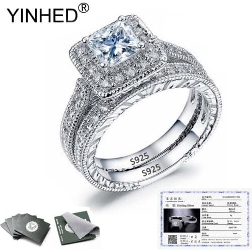 YINHED Hot Sale 2pcs/set Original Solid 925 Silver Ring With Certificate 6mm Square Cubic Zirconia Wedding Engagement Ring ZR642