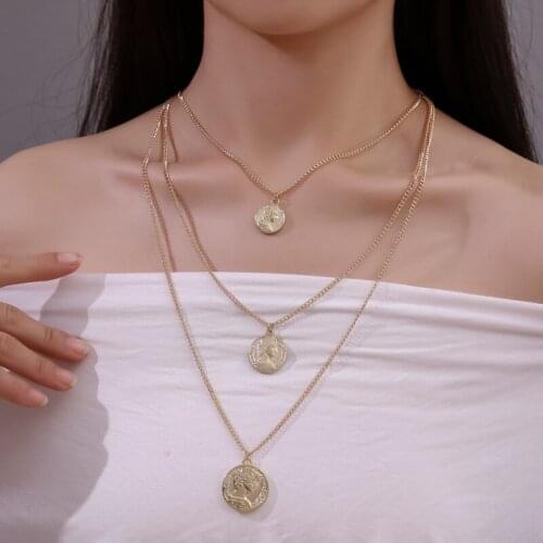 Metallic Emboss Head Portrait Pendant Three-Layer Coin Golden Silver Plated Alloy Sweater Chain Necklace for Women