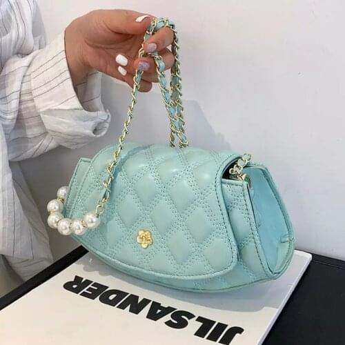 Lattice Square Crossbody bag 2021 Summer New High-quality PU Leather Womens Designer Handbag Pearl Chain Shoulder Messenger Bag