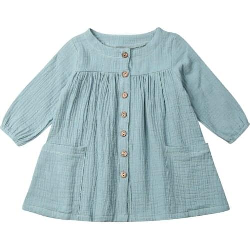 Spring Autumn Girls Cute Linen Cotton A-line Dress Kids Baby Girls Long Sleeve O-Neck Princess Dresses Children Clothing