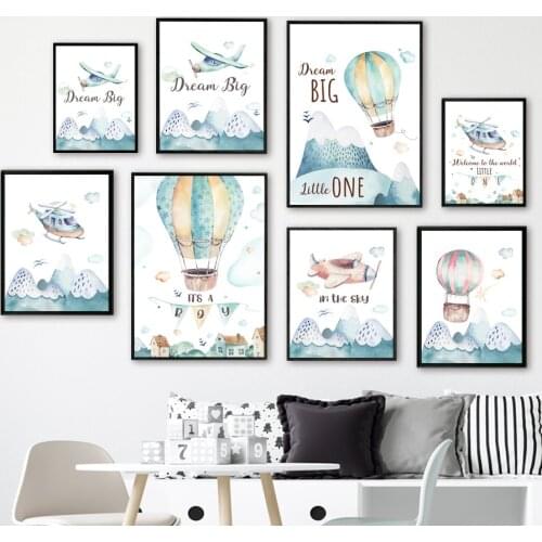 Cloud Helicopter Hot Air Balloon Cartoon Nordic Posters And Prints Wall Art Canvas Painting Wall Pictures For Kids Room Decor