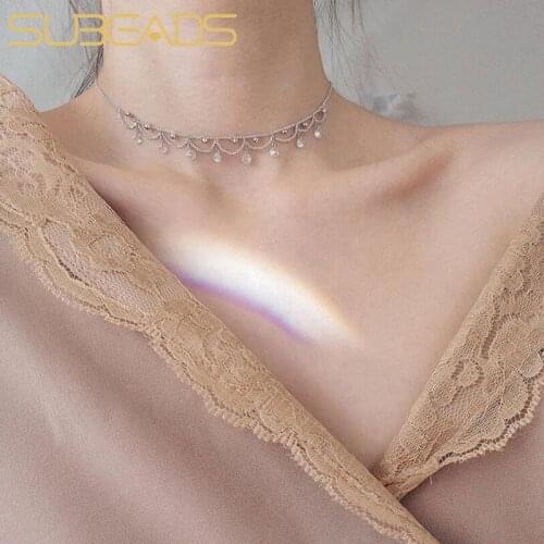 Subeads 925 Sterling Silver Crystal Rhinestone Choker Necklace For Women O-Chain Adjustable Necklace Wedding Jewelry Gifts