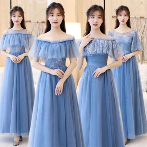 Bridesmaids Dresses Illusion O-Neck Short Off The Shoulder Tulle Lace A-Line Embroidery Luxury Blue Lady Wedding Party Gown E564