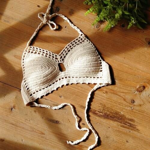 Boho Beach Hand Crochet Crop Top Hollow Bra Bikini Halter