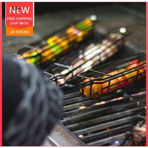 Portable BBQ Grilling Basket Stainless Steel Non-Stick Mesh Rack Barbecued Hamburger Mini Tool Park Camping Vegetable Holder