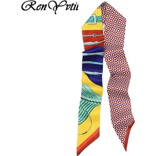 5 Colors Bright Luxury Brand Women Small Print Silk Scarf Runway Head Headband Handle Bag Ribbons Female Tie Small Long Scarves