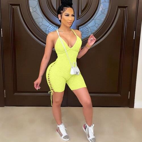 Side Lace Up Rib Knit Playsuit Women Casual Backless Streetwear Rompers Womens Jumpsuit Biker Shorts Sporty Workout Body Suit