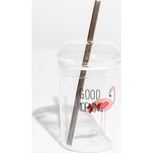 Glass mug flamingo patterned one piece suitable for food contact. Produce % 100 natural and recyled material