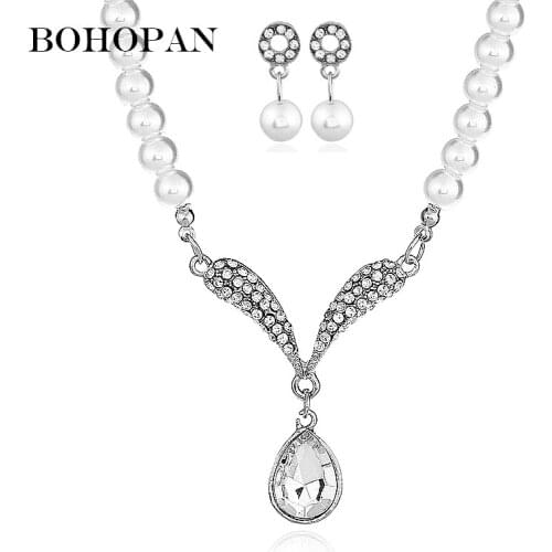 Wedding Jewelry Sets For Women Water Drop Pendants Necklaces Rhienstone Drop Earrings Pearl Chain Bride Crystal Jewelry Sets