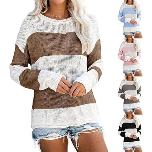 Loose Knitted Sweater Women Jumpers Long Sleeve Fall Winter Color Block Striped Female Warm Pullovers Sweaters