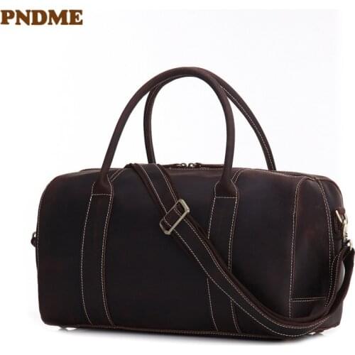 Vintage crazy horse cowhide mens weekend travel bag simple genuine leather hand luggage bag casual outdoor shoulder duffel bag