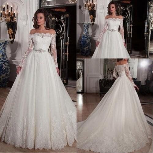 Vintage Boat Neck Tulle With Applique Lace A-line Long Sleeve Wedding Dress With Crystal Belt casamento Bride Dress 2021