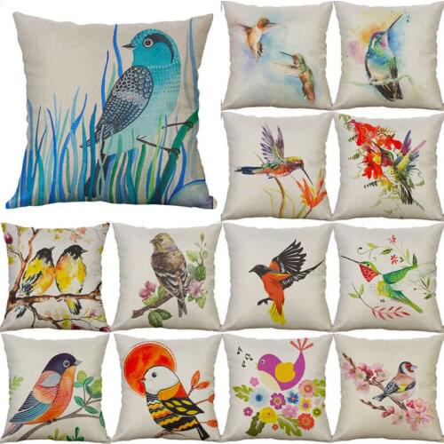 Brightly Colored Bird Pillow Case Print 18'' Cotton Linen Home Sofa Decor Cushion Cover