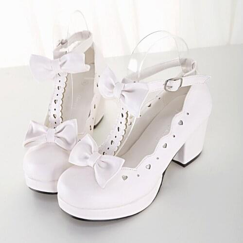 Sweet Lolita Shoes Round Head Cute Double Bowknot Kawaii Buckles Loli Shoes Anime Cosplay Women Girl Shoes High Heels 6.5cm