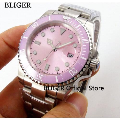 Luxury BLIGER 40mm Pink Sterile Dial Luminous Sapphire Glass Ceramic Bezel MIYOTA Automatic Movement Mens Watch Men B228