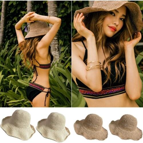 Women Summer Hot Sun Floppy Straw Hat Dome Bucket Wide Brim Beach Travel Foldable Shade Cap