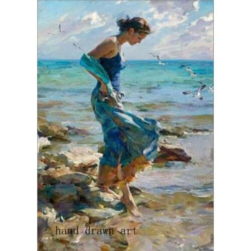 Artists perfect hand-painted realism oil painting on canvas: a woman playing in the sea