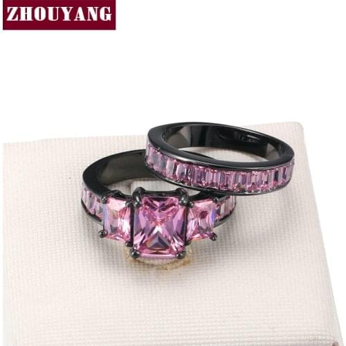 ZHOUYANG Square Pink Cubic Zirconia Black Gold Color Fashion Jewelry Cocktail Party Ring Set For Women Wholesale DD002