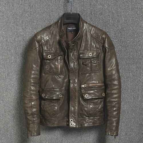 2019 mens safari style vintage M65 genuine leather jacket washed vegetable tanning sheepskin biker jacket men leather coat male