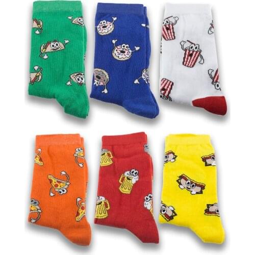 Unisex Graphic Socks Pizza Beer Patterned Concept Wooden Box 6 Pieces Cotton Men Women Socks Set For Gift Colourful New Fashion
