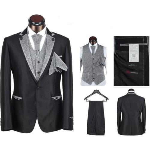 New Arrival 2016 Italy Brand High Quality Men 5pcs Slim Fit Wedding Suit High-end Tuxedos Classic Wedding Blazer Black