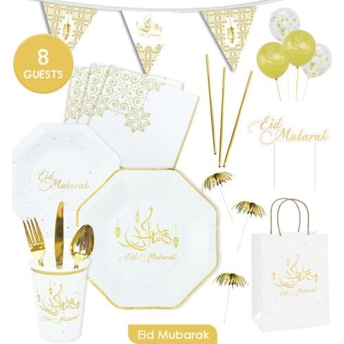 Eid Mubarak Disposable Tableware Paper Plate Paper Cup Paper Towel Muslim Festival Ramadan Table Atmosphere Decoration Supplies