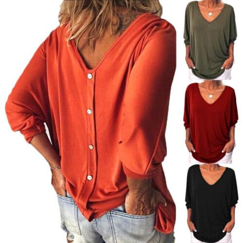 2019 Autumn Womens V Neck Loose Tee T-shirts 3/4 Sleeve Button Solid Color Casual Fashion Plus Size Tunic Tops