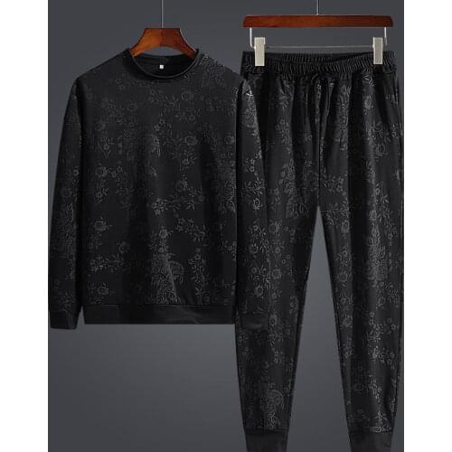 2020 autumn new personalized simple jacquard round neck long sleeve sweater pants two-piece mens suit fashion