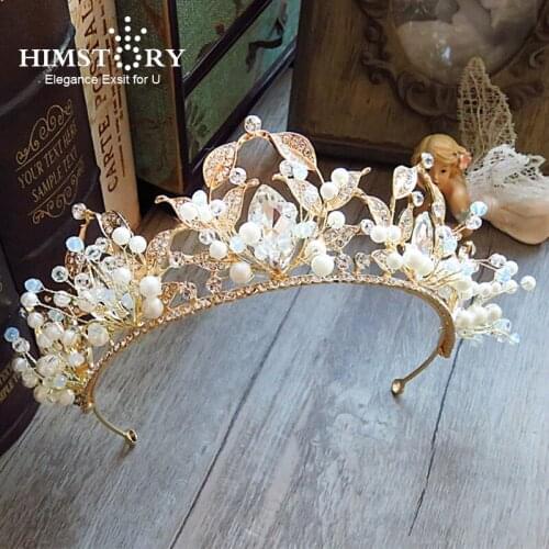 HIMSTORY Gorgeous Vintage Handmade Bridal Headband gold pearl Leaf Hair Crown Crystal Wedding Hair Jewelry Hairwear