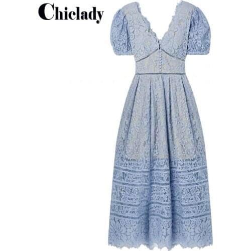 CHICLADY Sexy Women Red Midi Dress Blue V neck Puff Sleee Fit Flare Lace Party Dress Elegant Casual Long Christmas Dresses femme