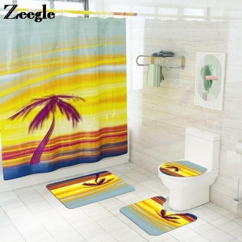 Waterproof Shower Curtain with Hooks and Anti-slip Bath Mat Set Absorbent Foot Mat for Toielt Landscape Printed Carpet Rug