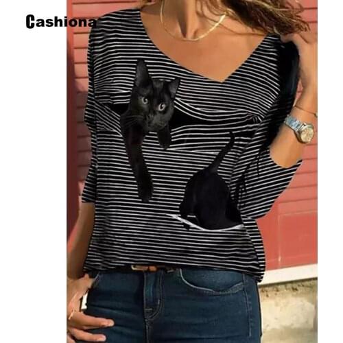 Women Fashion Leisure Casual T-shirt Model Cat Stripe Print Loose Womens Top Spring Autumn Irregular Collar Tees shirt Femme