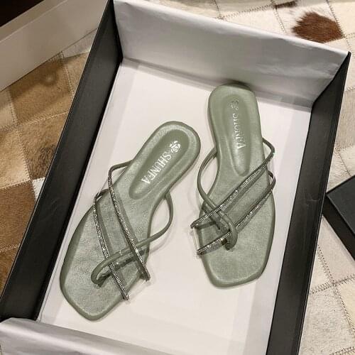 Womens shoes slippers outdoor 2020 summer new fashion clip toe rhinestone transparent flat bottom flip flops