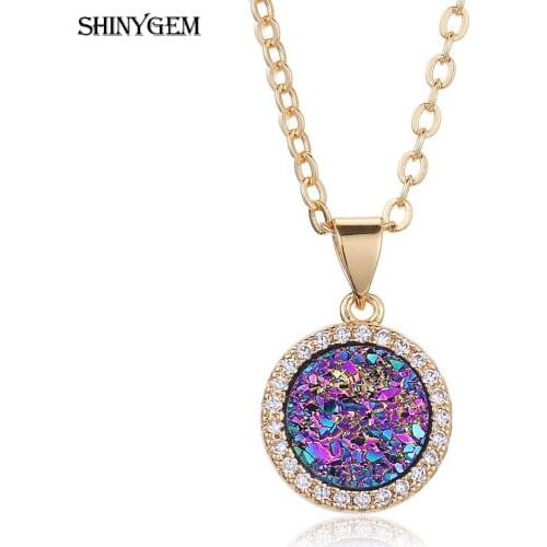 ShinyGem 2020 Fashion Glittering Natural Rainbow Round Druzy Crystal Stone Pendant Necklaces Gold Plating Party For Women Gift