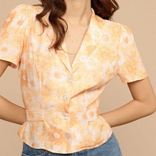 Summer Womens Notched Blouse Sunflower Print Short Sleeve Single Breasted Ladies Shirts